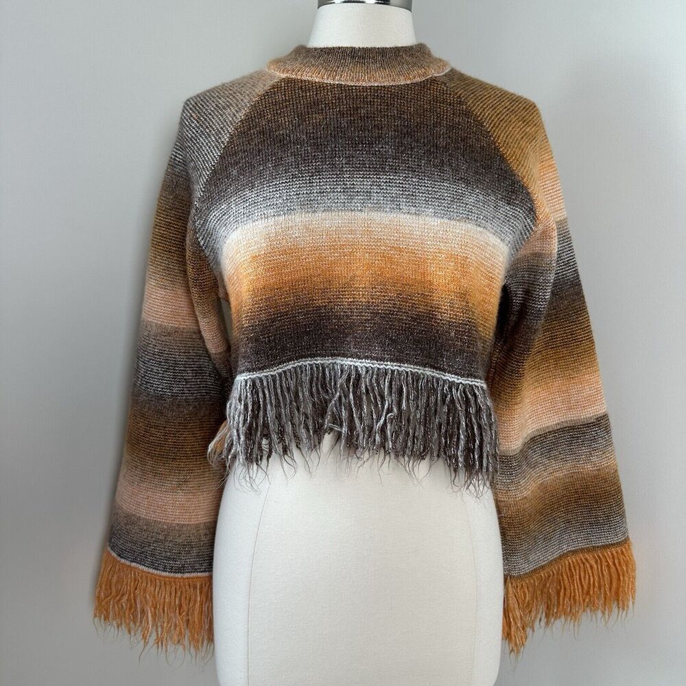 ZARA Sweater Womens Small Cropped Orange Fringed Striped Ombre Boho Sweater